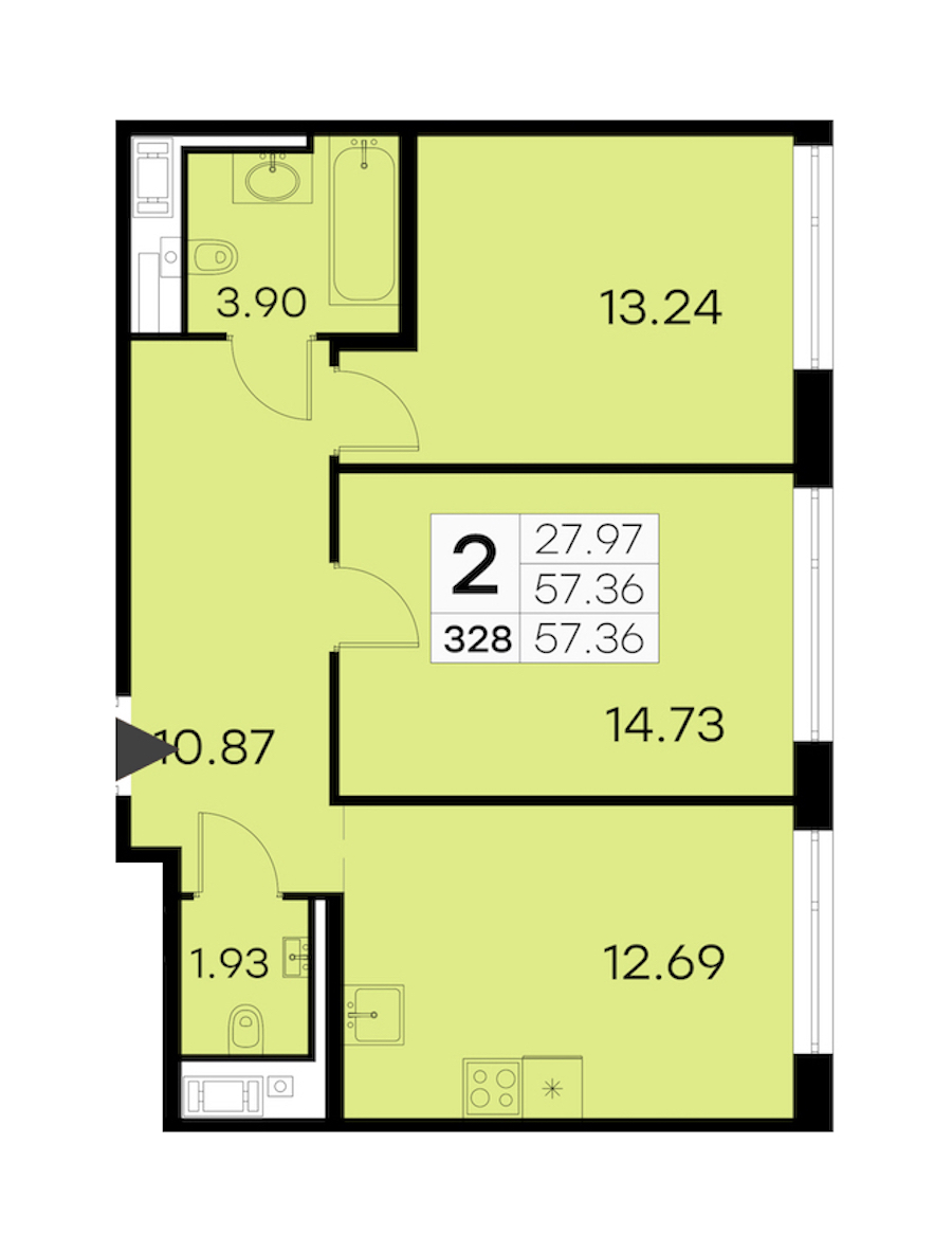 2-комнатная квартира 57.36 м², 15/19 эт., ЖК «GloraX Aura Vasileostrovsky»